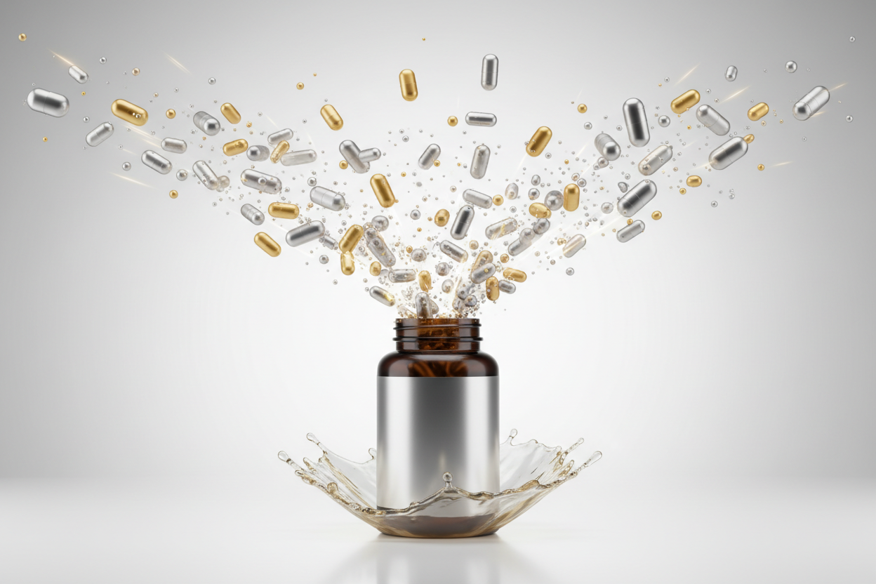create a bursting silver and gold capsules from bottle of supplements